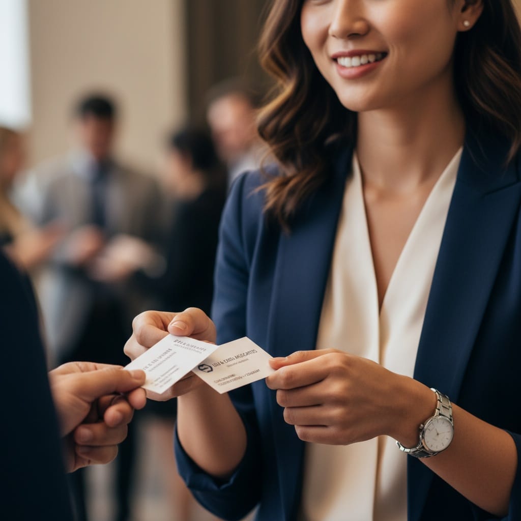 curve asian woman exchanging business cards 86201831