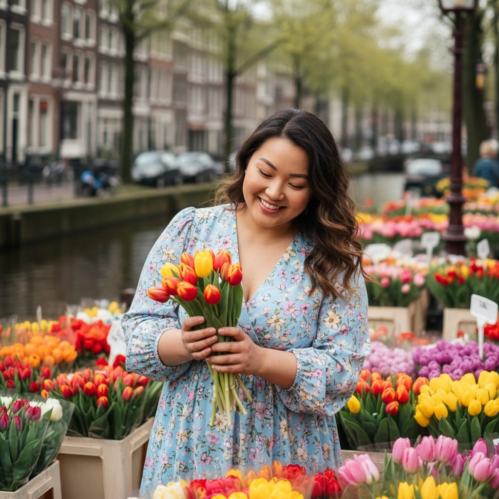 curve asian woman flower market bloemenmarkt 86670676