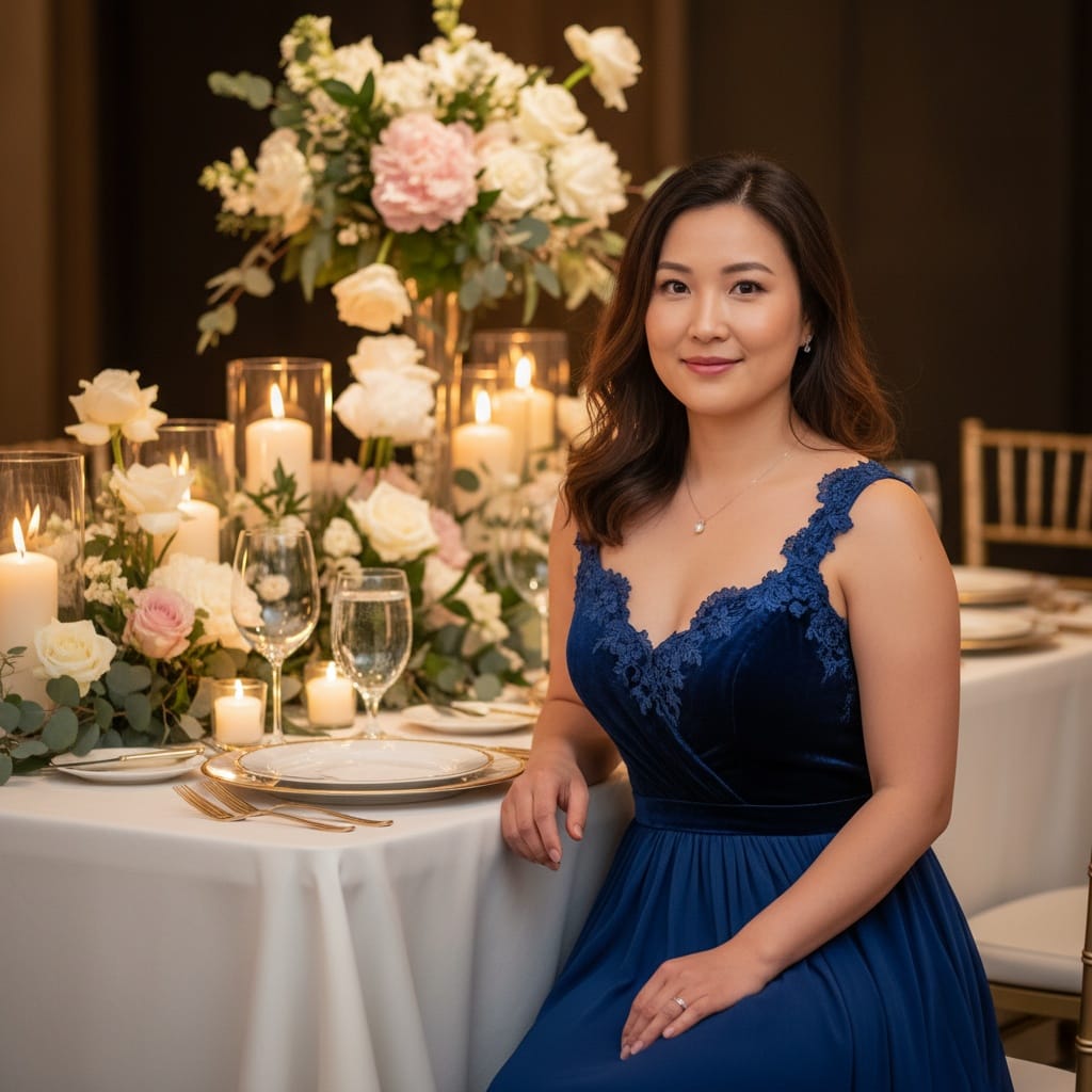 curve asian woman formal dinner table 60764742