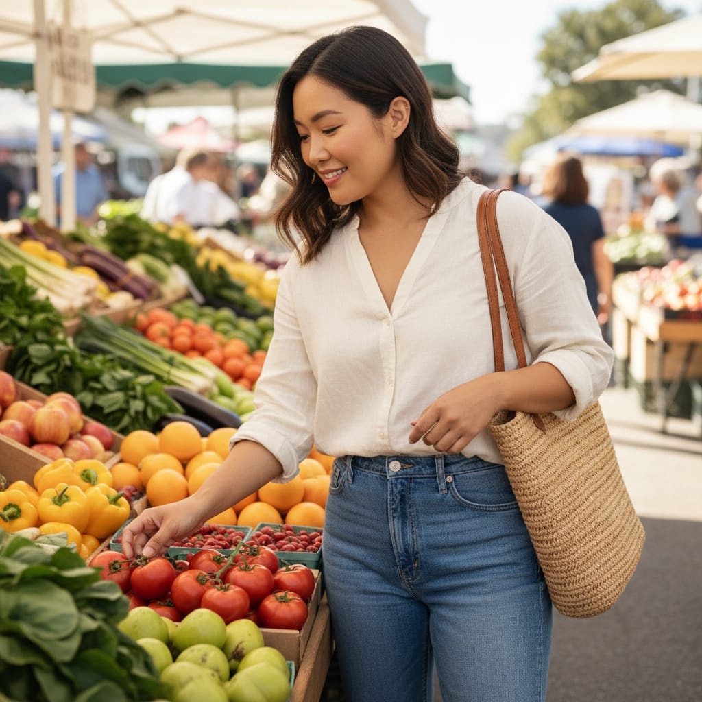 curve asian woman grocery shopping farmers market 72302376