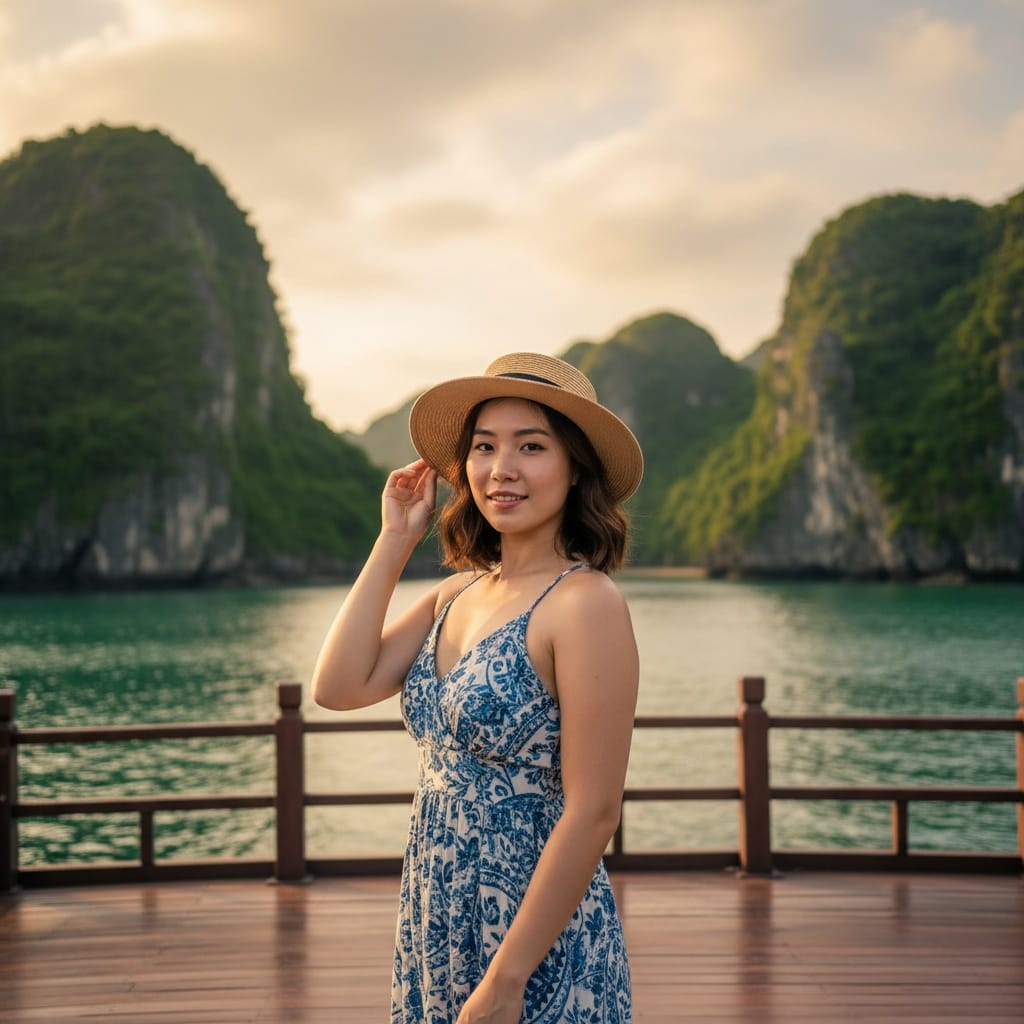 curve asian woman halong bay cruise deck 60884429