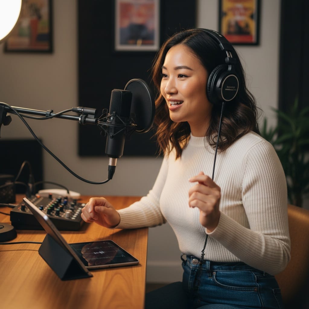 curve asian woman headphones on recording 26160771