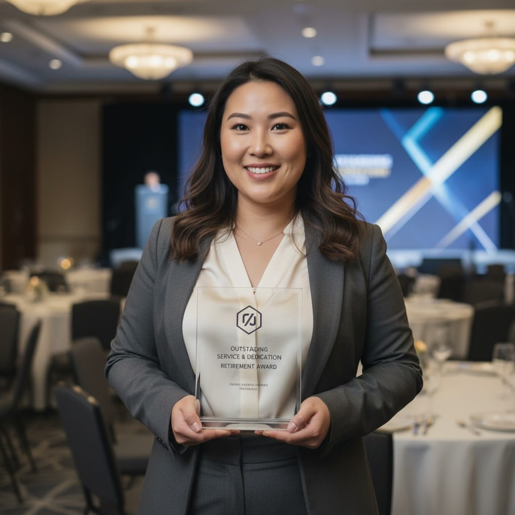 curve asian woman holding retirement plaque 83338496