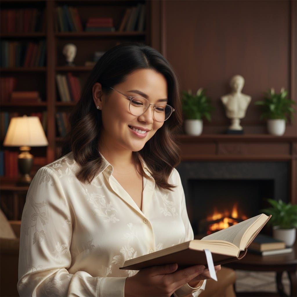 curve asian woman home library intellectual 79132773