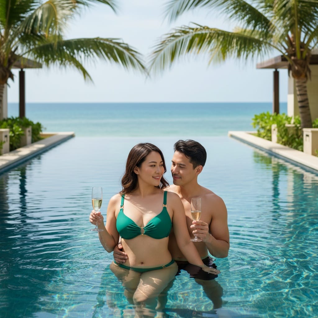 curve asian woman infinity pool champagne 24653619