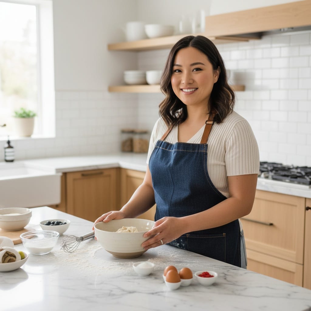 curve asian woman kitchen baking scene 97553315