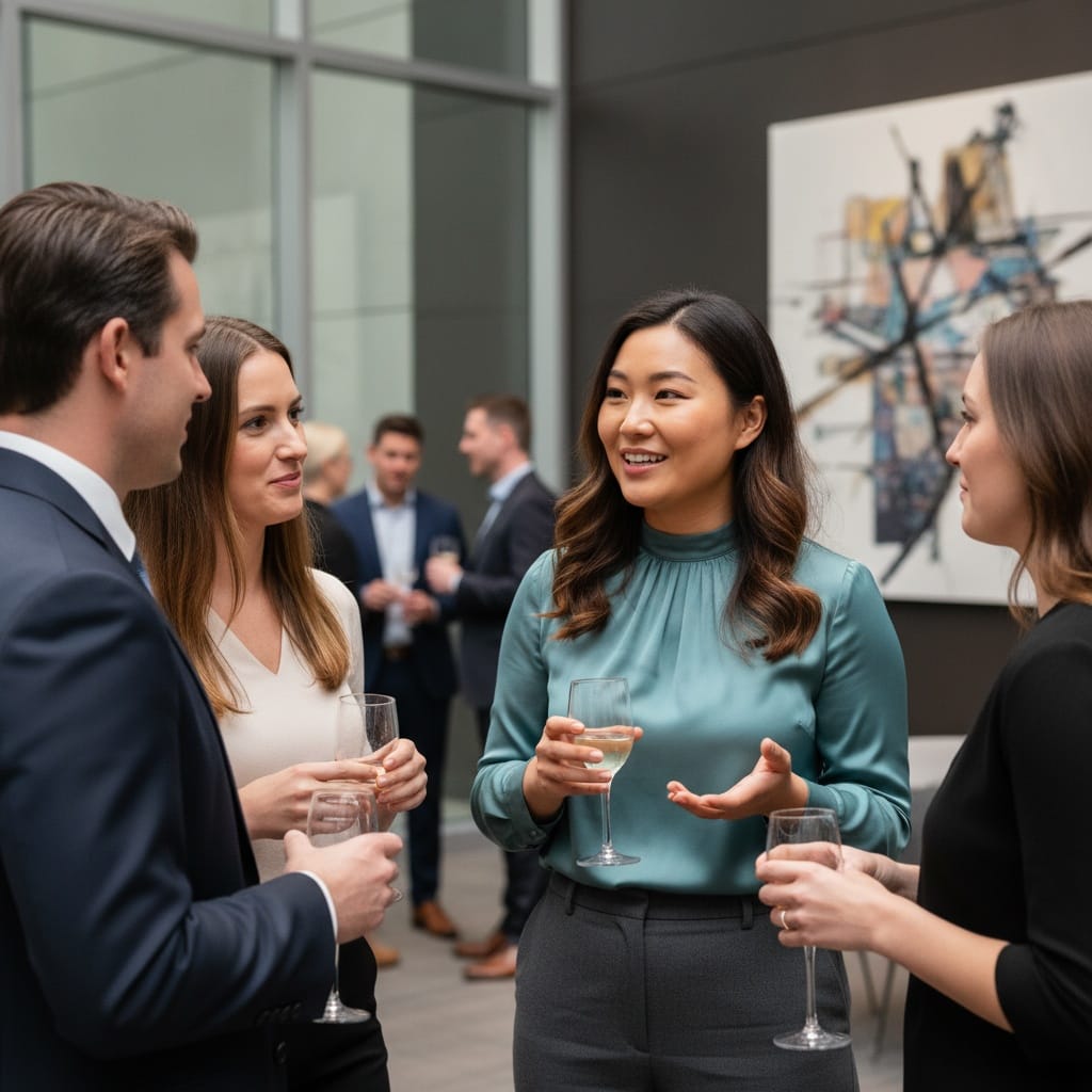 curve asian woman mingling crowd engagement 28273641