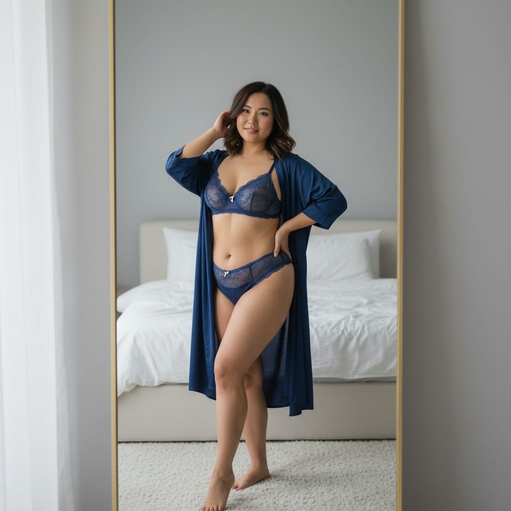 curve asian woman mirror reflection editorial 69626875
