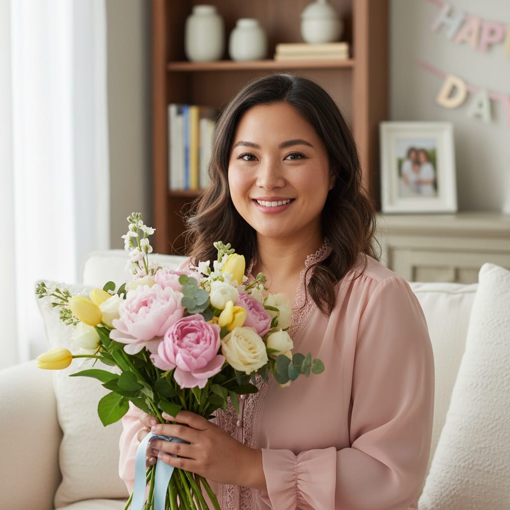curve asian woman mom with flower bouquet 11291105