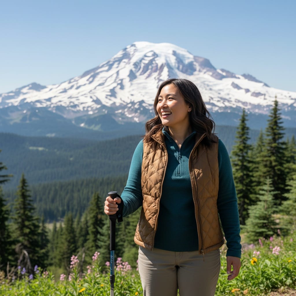 curve asian woman mount rainier backdrop 86053228