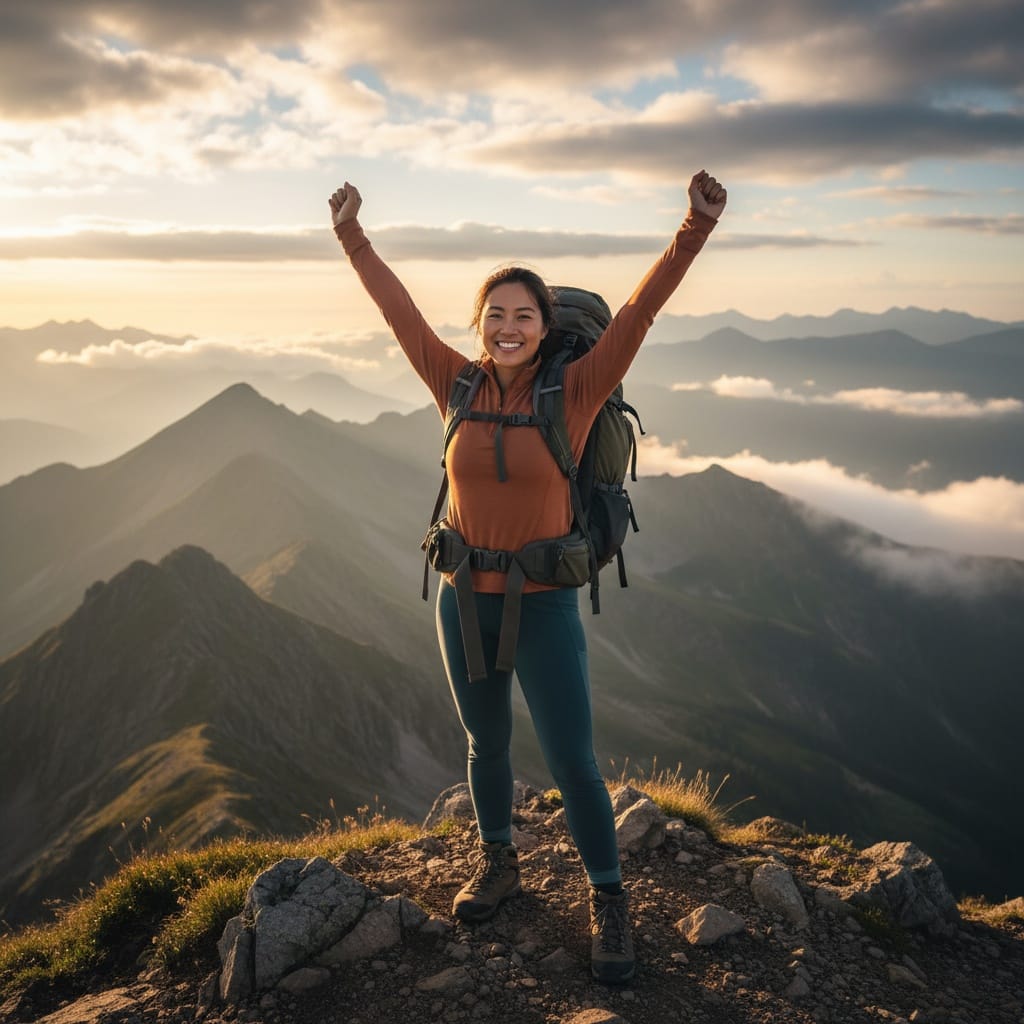 curve asian woman mountain summit adventure 88085182