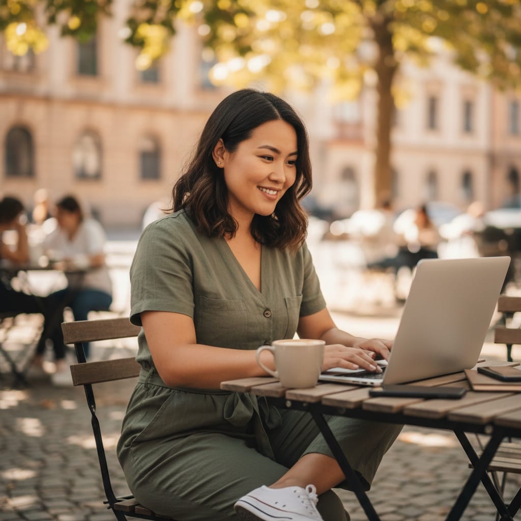 curve asian woman outdoor cafe laptop 51061102