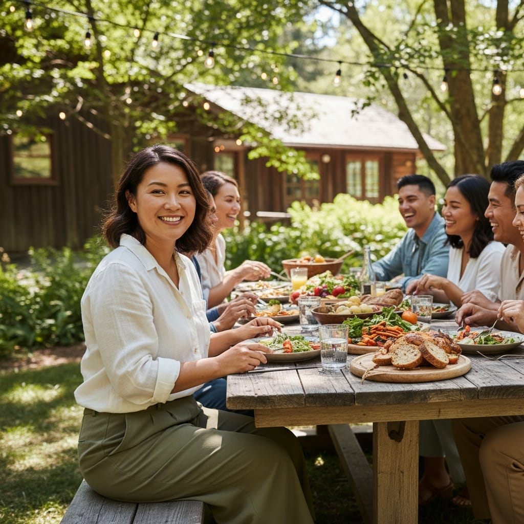 curve asian woman outdoor lunch team dining 16981501