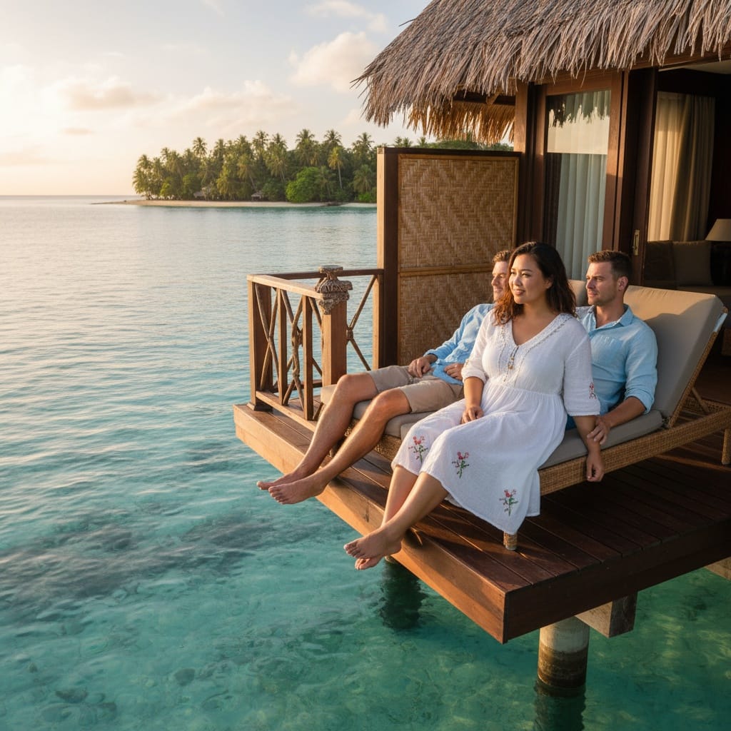 curve asian woman overwater bungalow deck 58863509