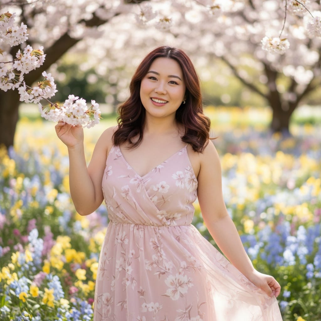 curve asian woman pastel spring garden portrait 94713324