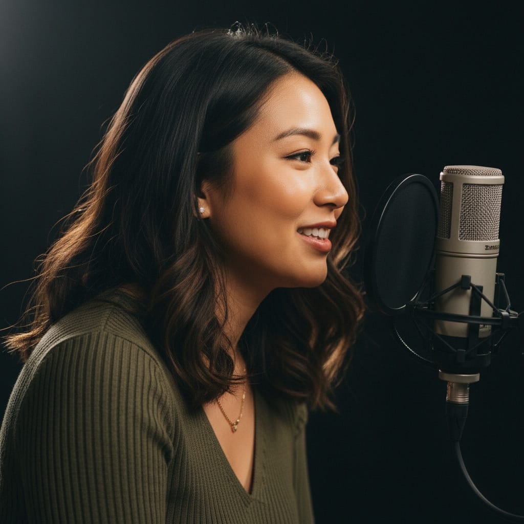 curve asian woman profile microphone closeup 98012224