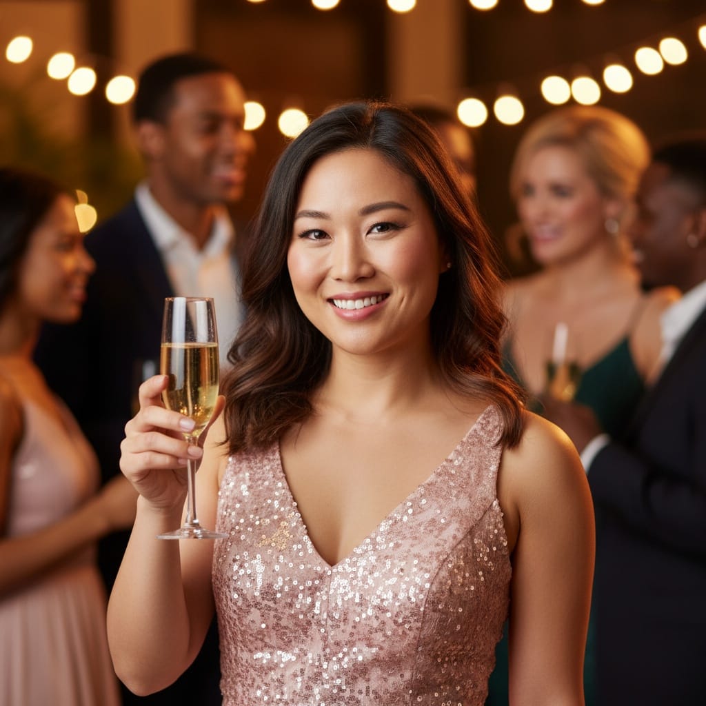 curve asian woman raising champagne toast 30844005