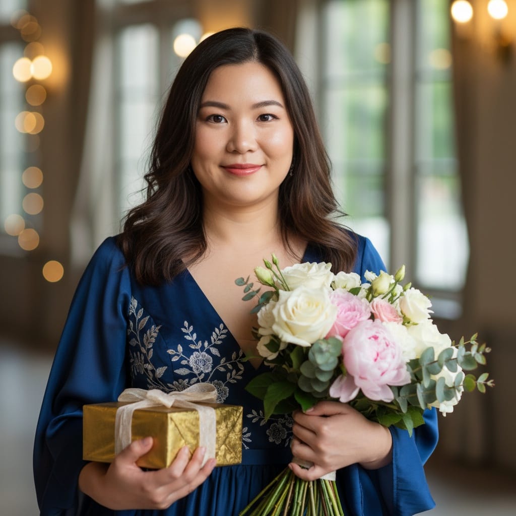 curve asian woman receiving flowers gift 60144192