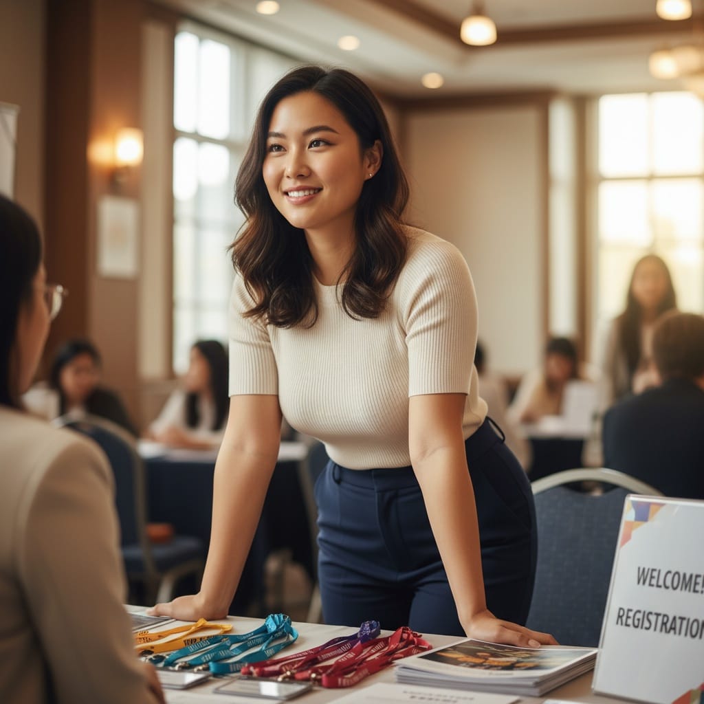 curve asian woman registration table check in 26774518
