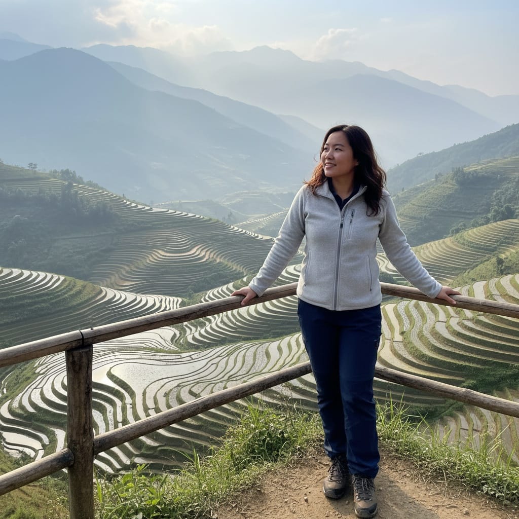 curve asian woman rice terrace portrait 56742308