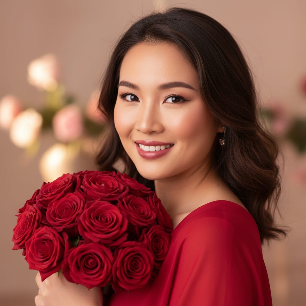 curve asian woman romantic rose bouquet portrait 30602715