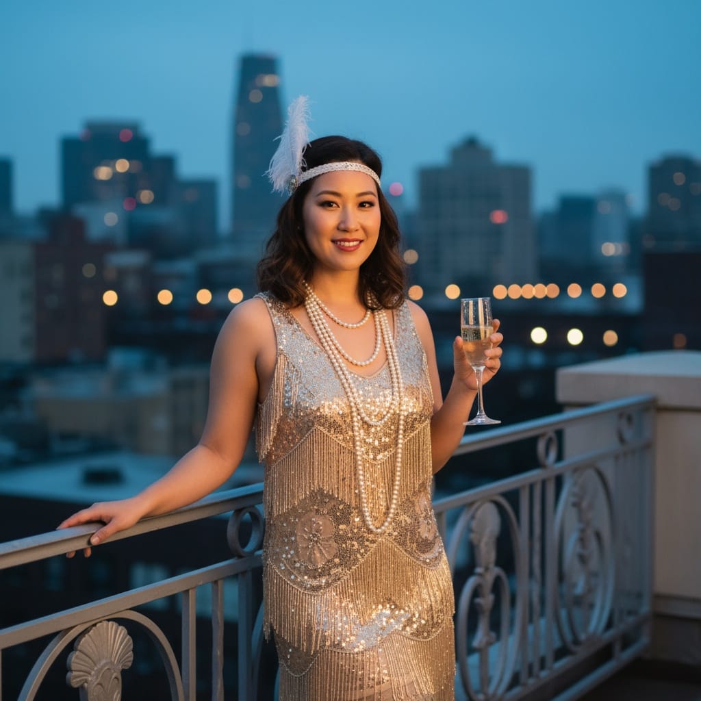 curve asian woman rooftop cityscape evening 88877415