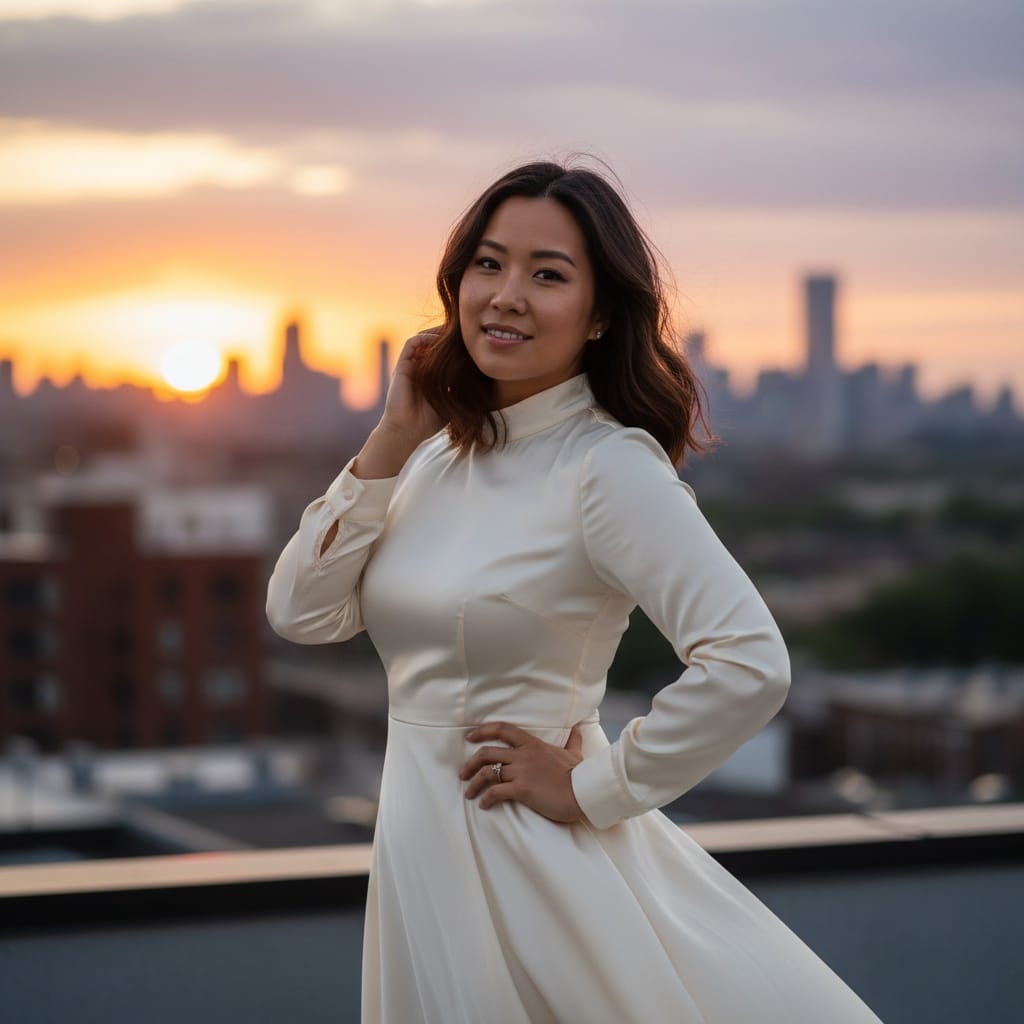 curve asian woman rooftop cityscape sunset 10885797