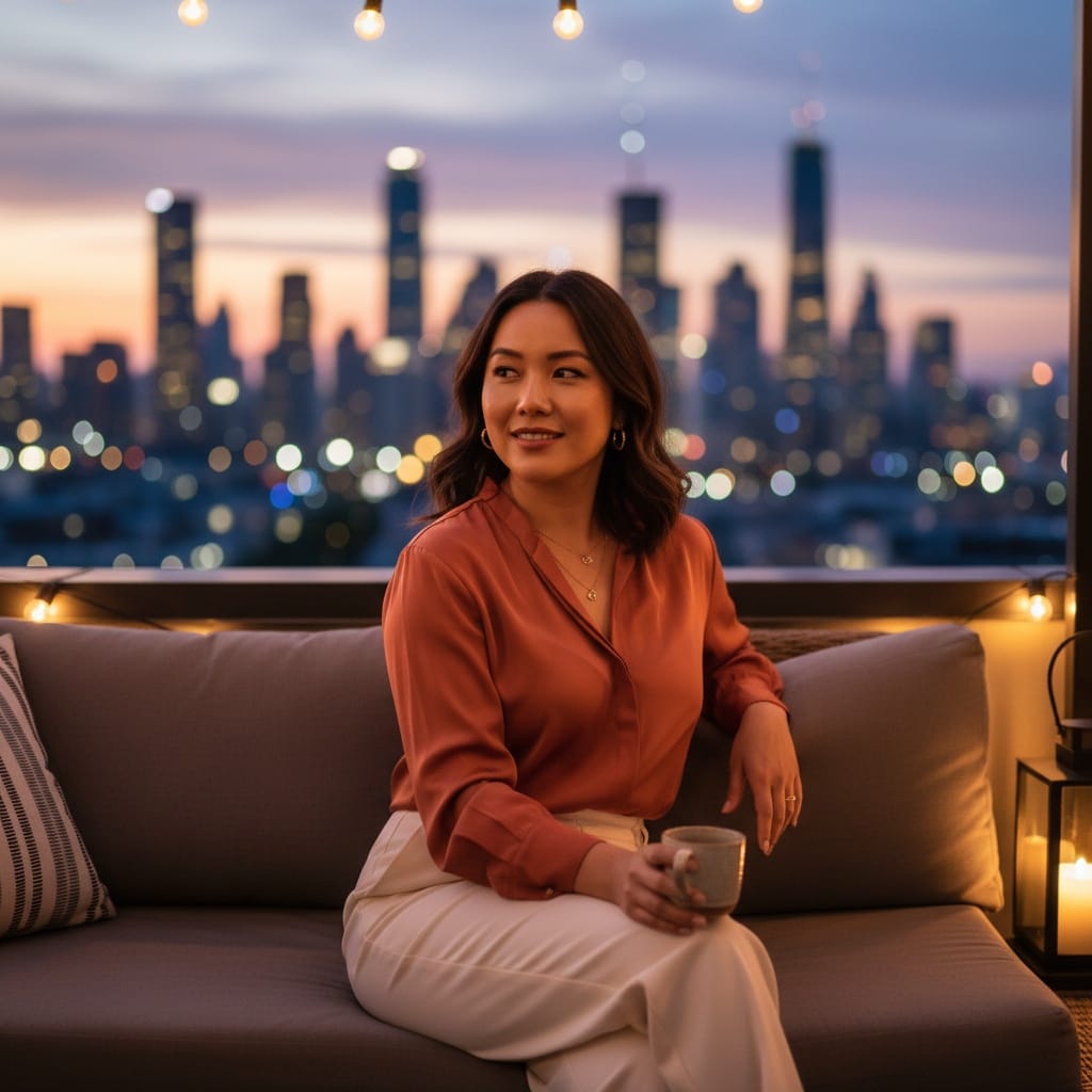 curve asian woman rooftop cityscape sunset 15701436