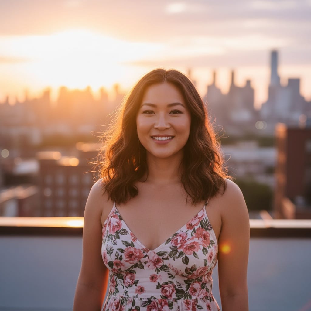 curve asian woman rooftop golden hour 43937488