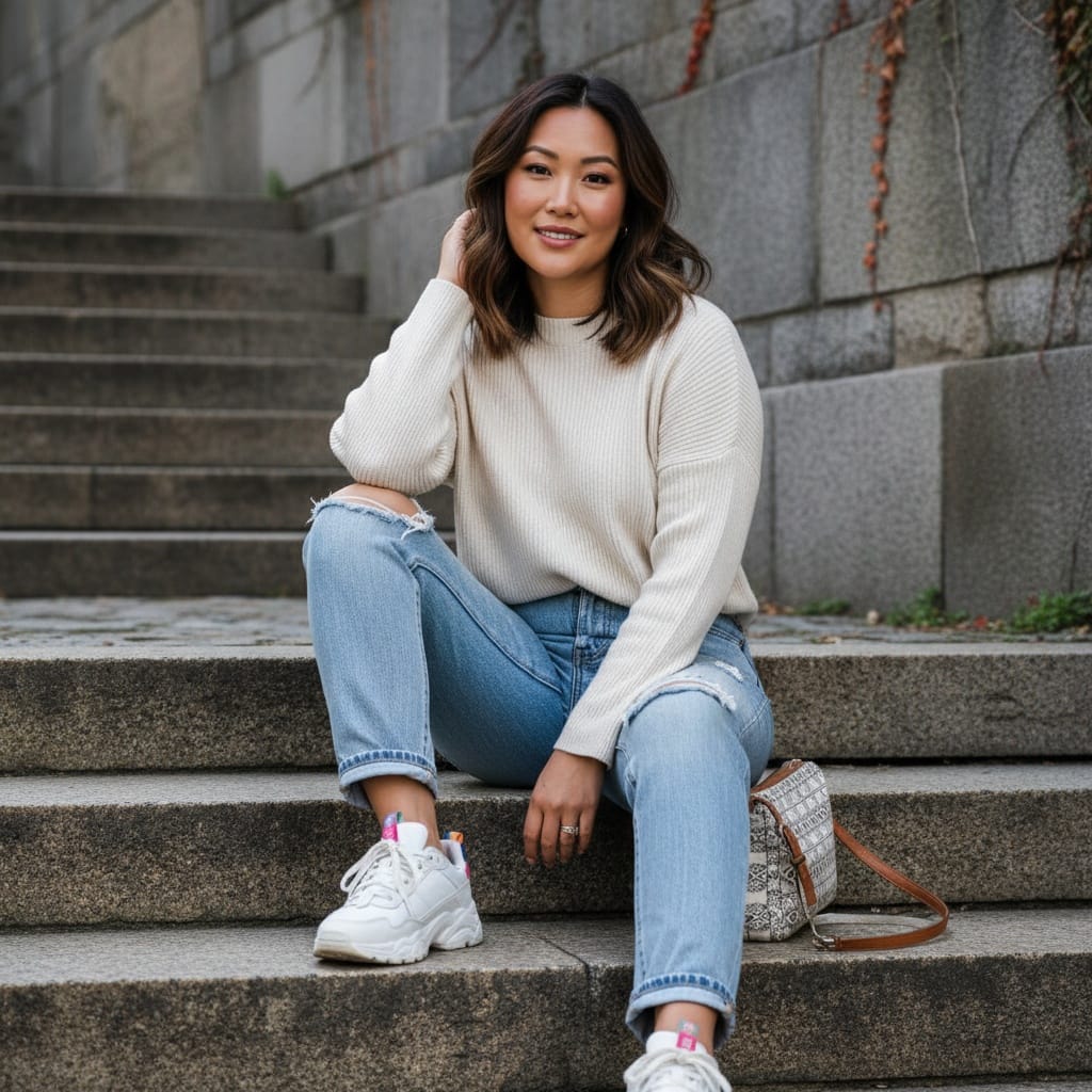 curve asian woman sitting steps casual 43685526