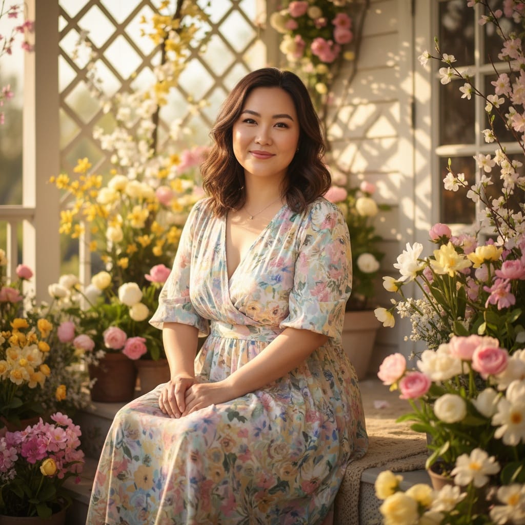 curve asian woman spring porch sitting portrait 64780862