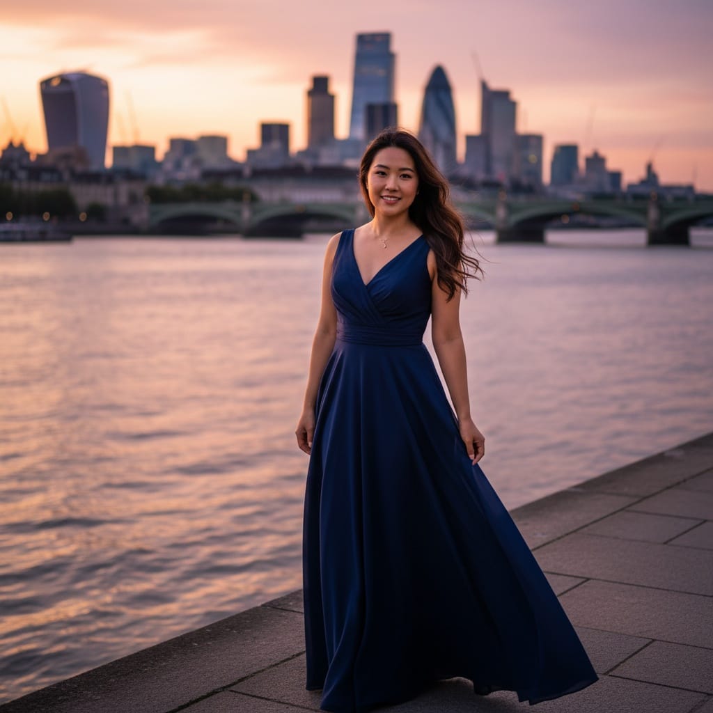 curve asian woman thames river sunset 34863058