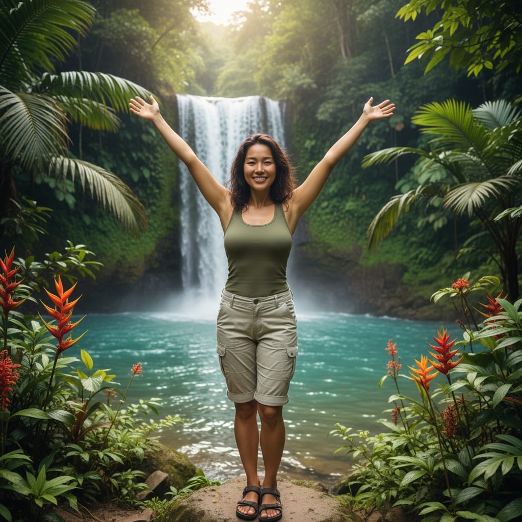 curve asian woman tropical waterfall nature 54228009
