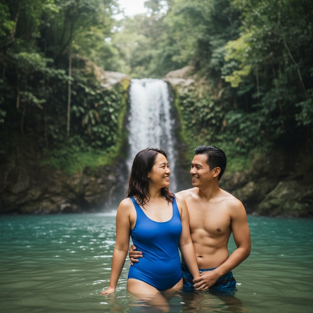 curve asian woman tropical waterfall scene 50490495