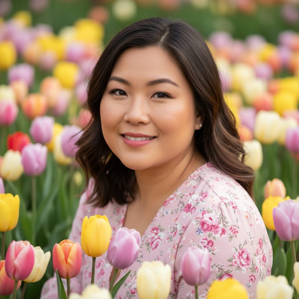 curve asian woman tulip field closeup portrait 70525894