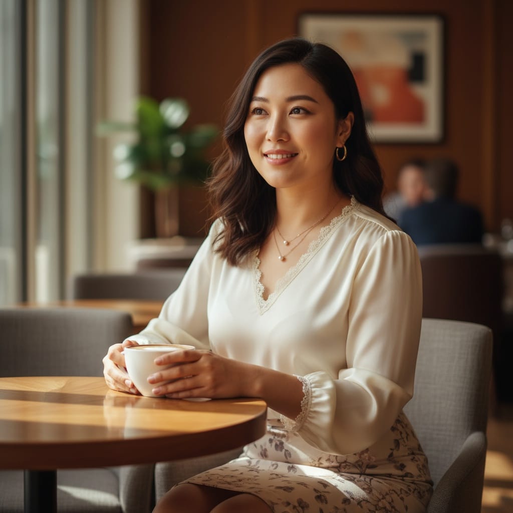 curve asian woman upscale cafe casual chic 50334886