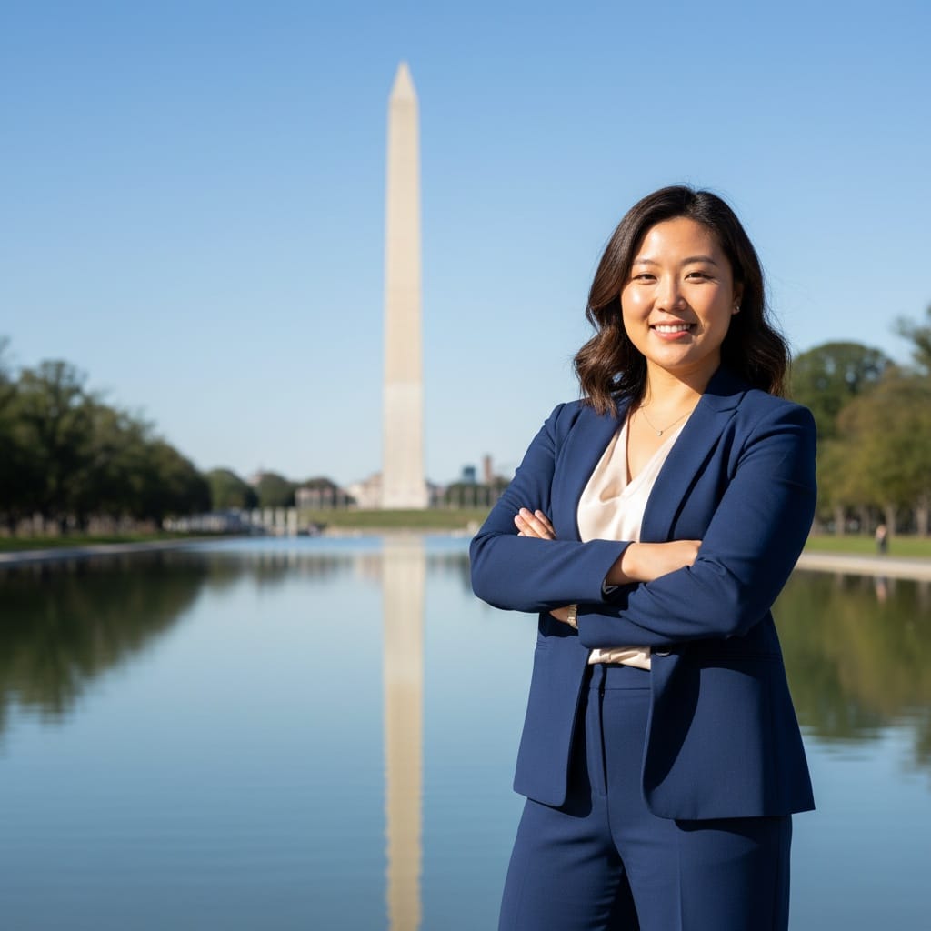 curve asian woman washington monument reflection 82776438