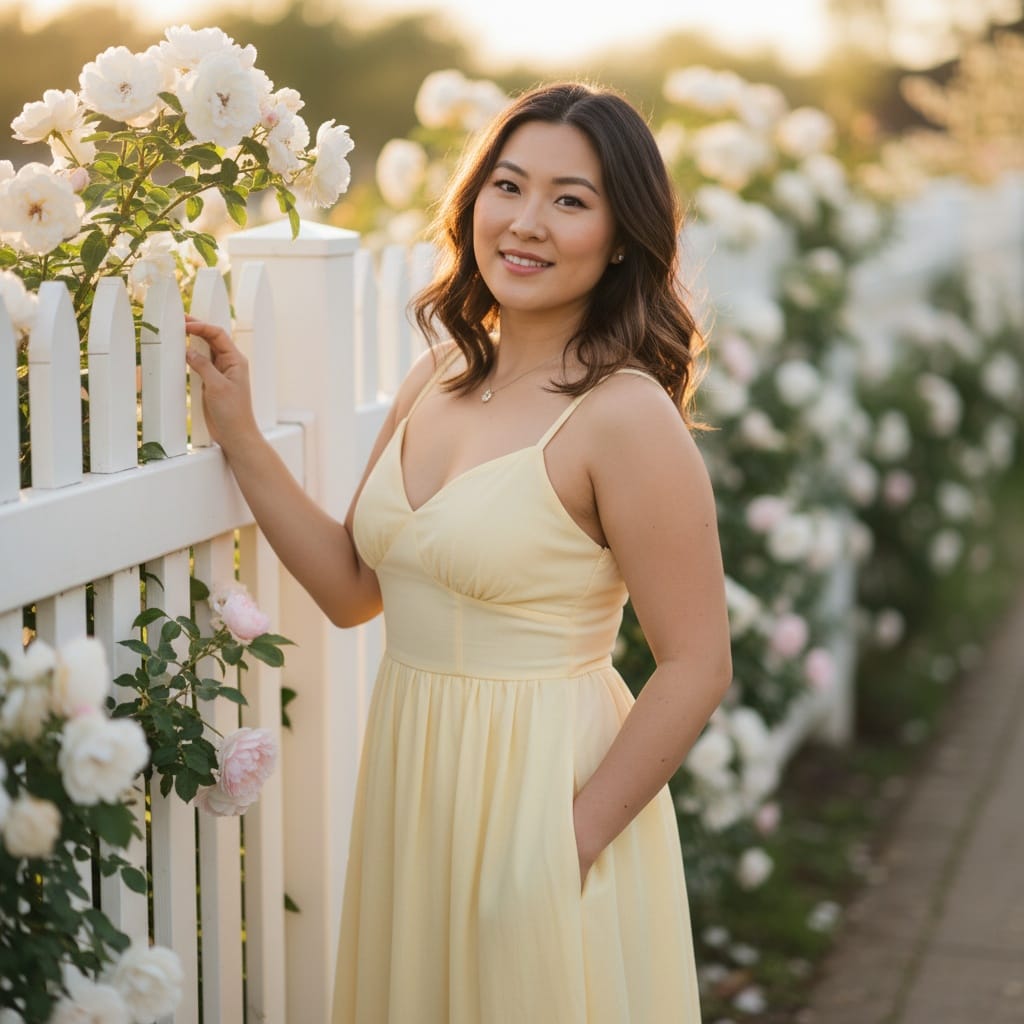 curve asian woman white picket fence spring 63015819