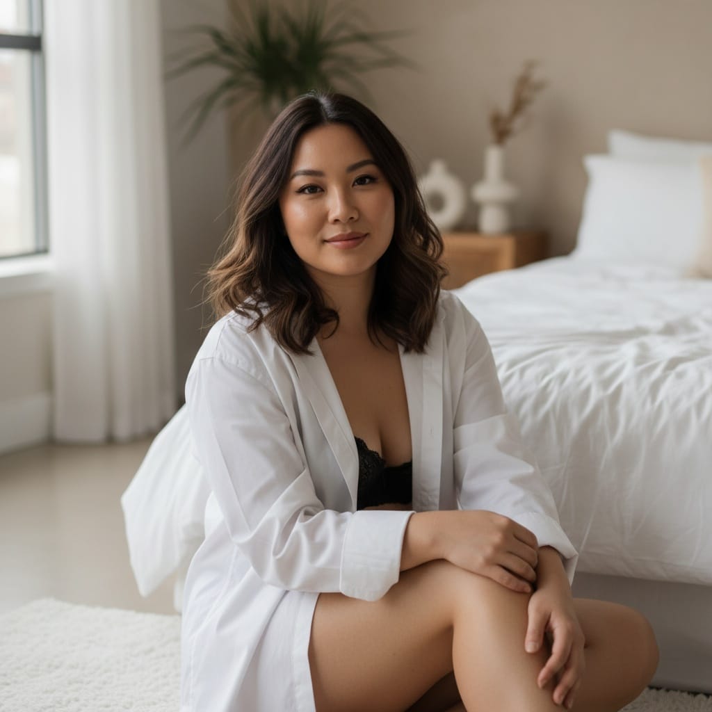 curve asian woman white shirt casual intimate 75886174