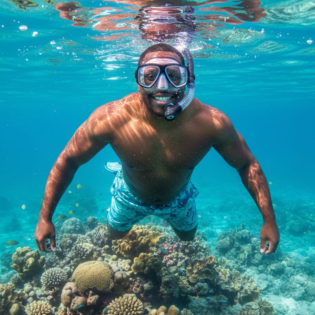 curve black man snorkeling turquoise water 82852131