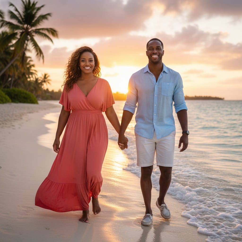 curve black woman couple beach walk sunset 63882129