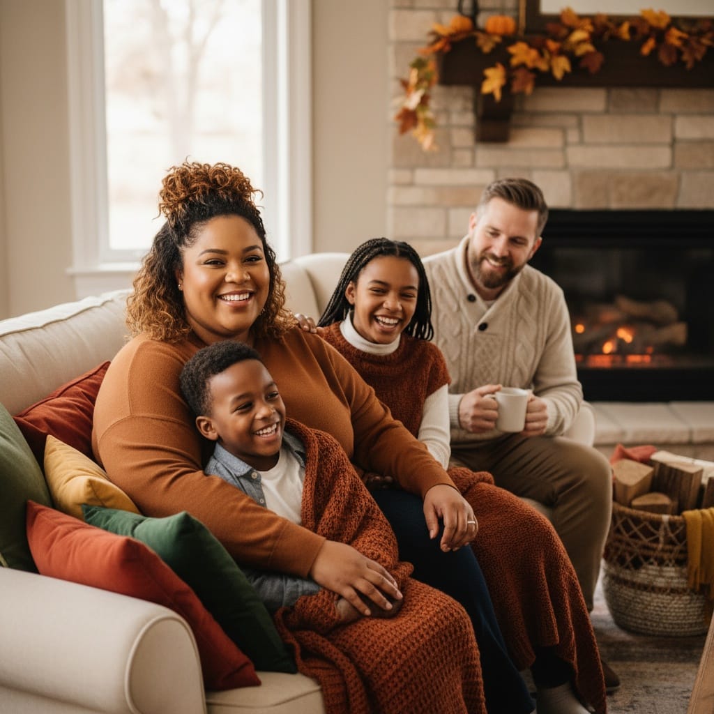 curve black woman cozy living room gratitude 93889111