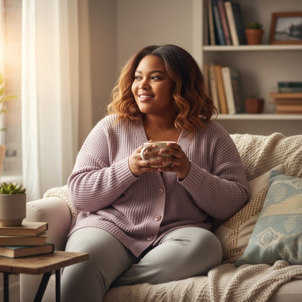 curve black woman cozy reading moment 70232521