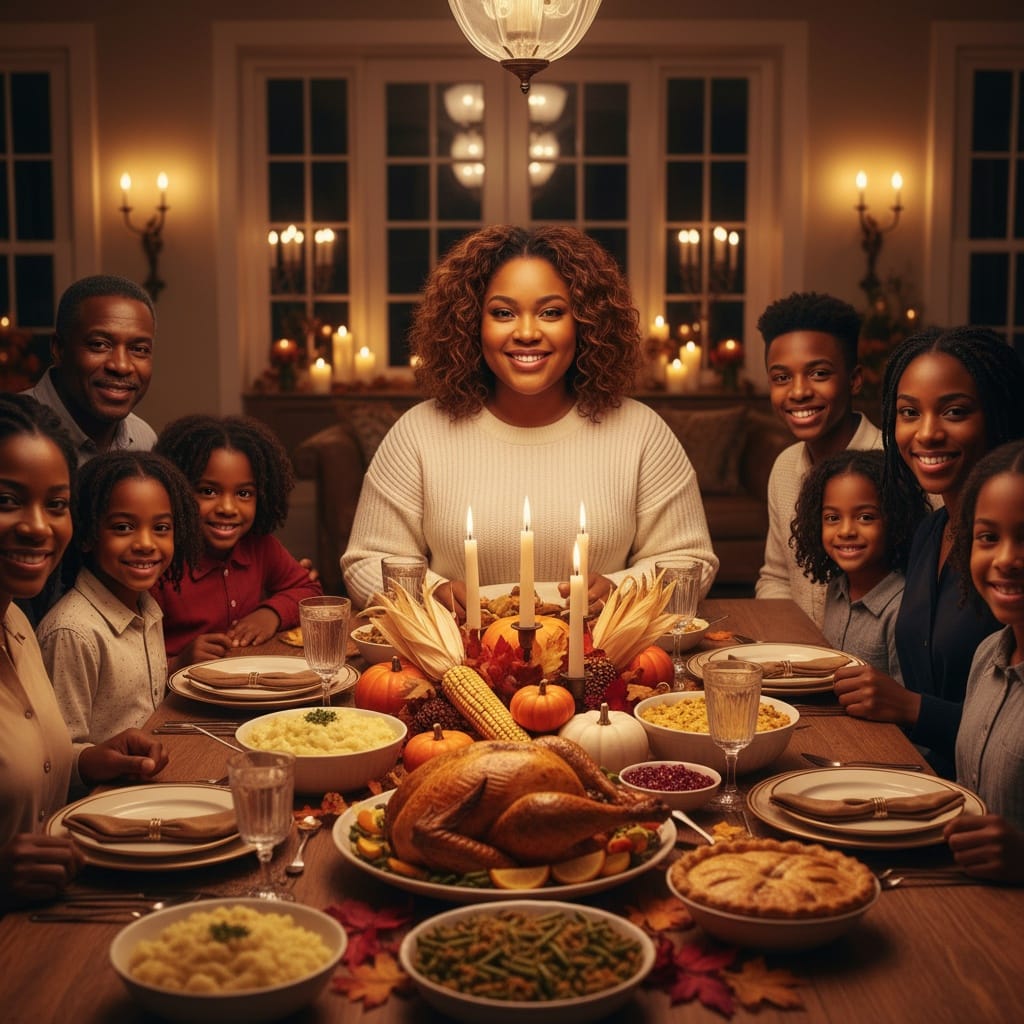 curve black woman dining table thanksgiving dinner 94920600