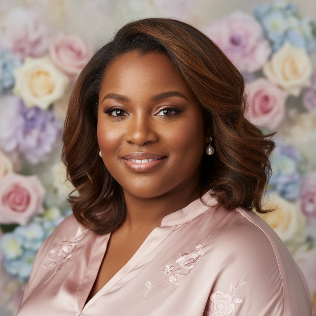 curve black woman elegant portrait flowers 96499400