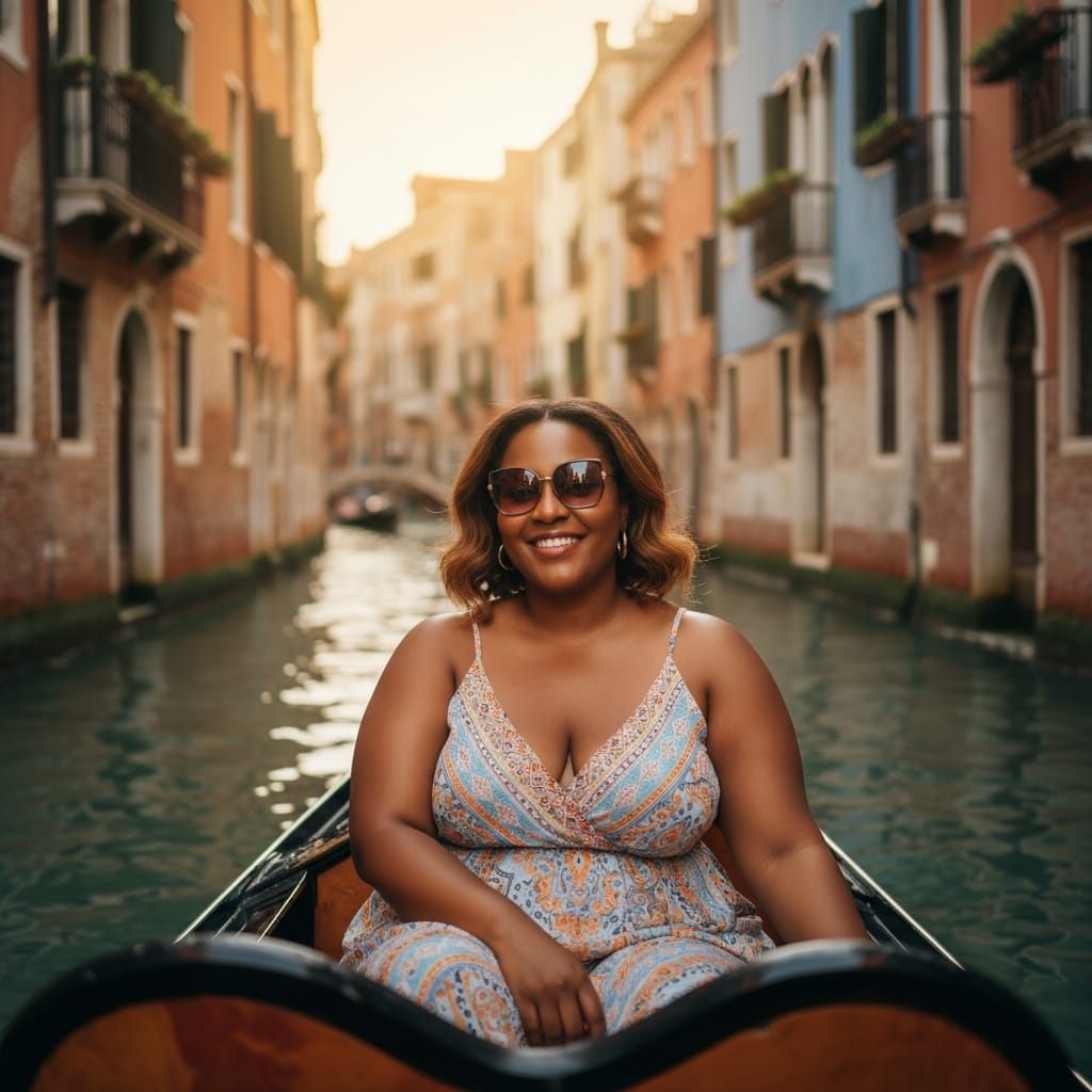 curve black woman gondola ride canal 63484729