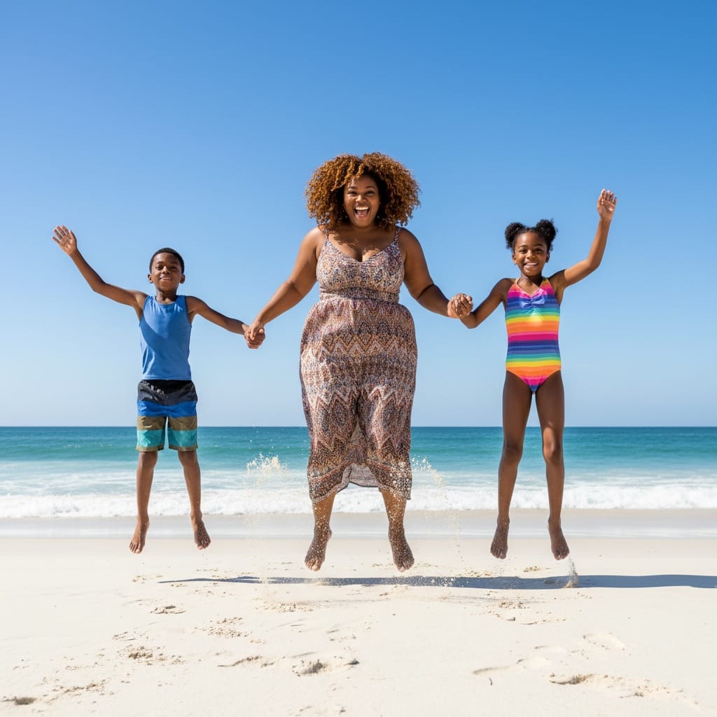 curve black woman jumping beach action 96214305