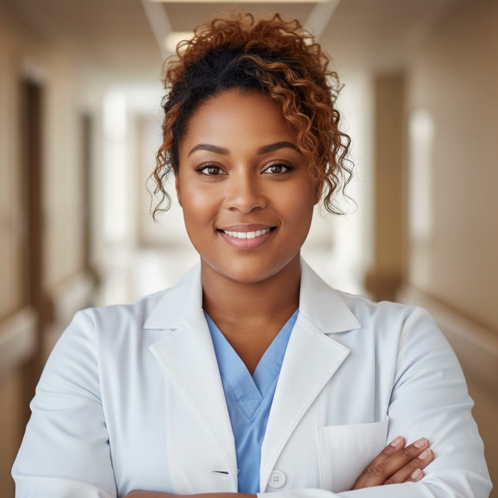 curve black woman lab coat arms crossed 46757314