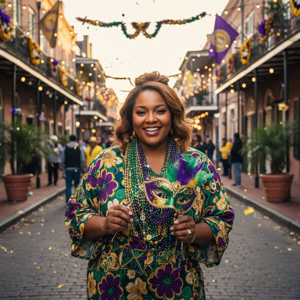 curve black woman mardi gras beads celebration 44789475