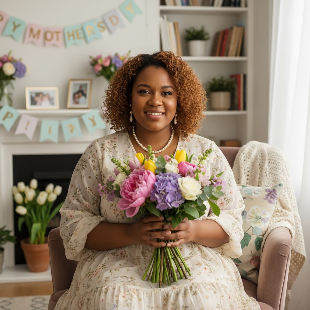 curve black woman mom with flower bouquet 38628718